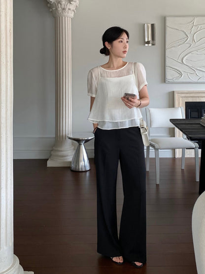 Puff Sleeve Chiffon Blouse + Textured Layered Camisole Set