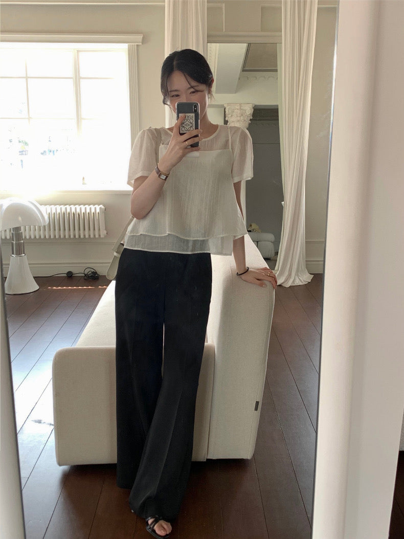 Puff Sleeve Chiffon Blouse + Textured Layered Camisole Set