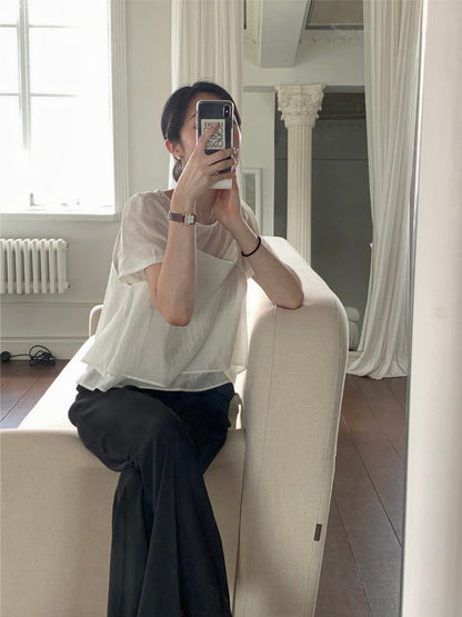 Puff Sleeve Chiffon Blouse + Textured Layered Camisole Set