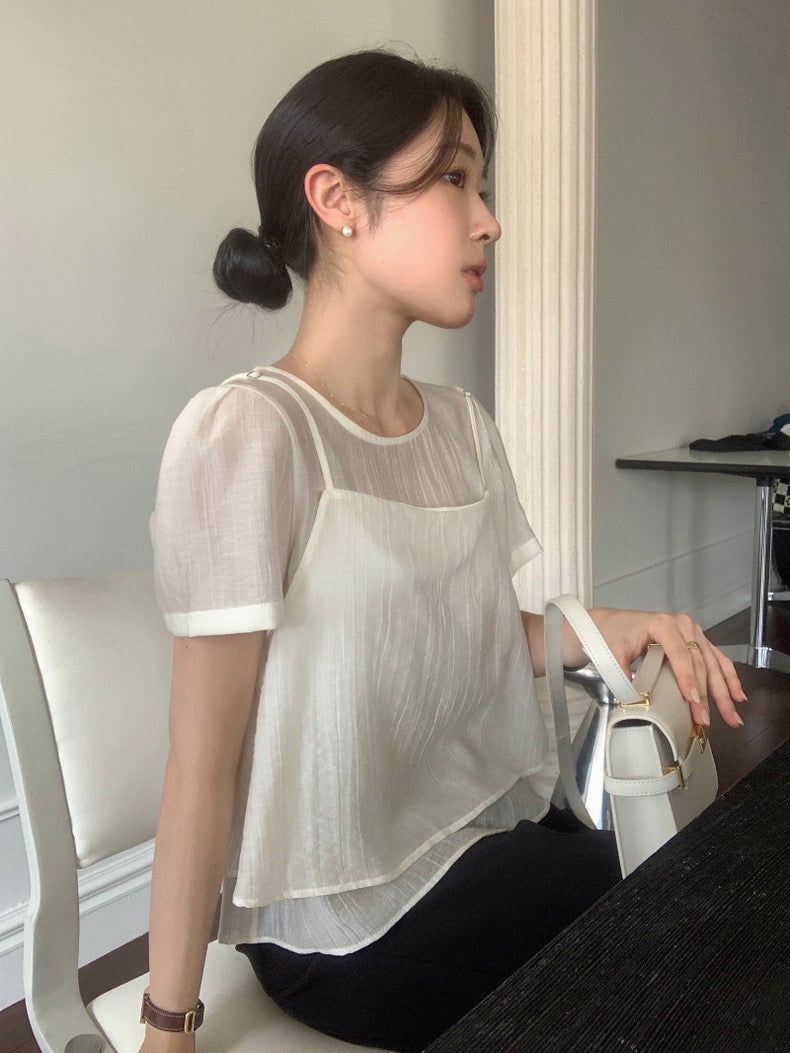 Puff Sleeve Chiffon Blouse + Textured Layered Camisole Set