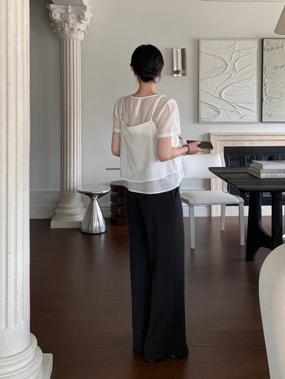 Puff Sleeve Chiffon Blouse + Textured Layered Camisole Set