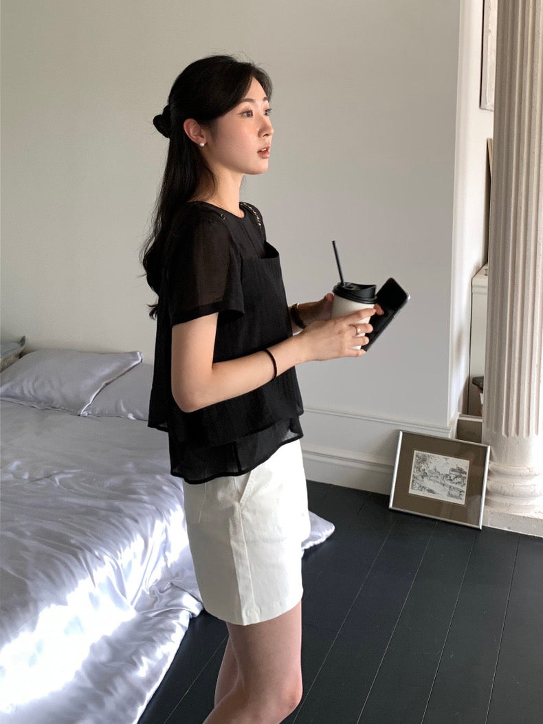 Puff Sleeve Chiffon Blouse + Textured Layered Camisole Set