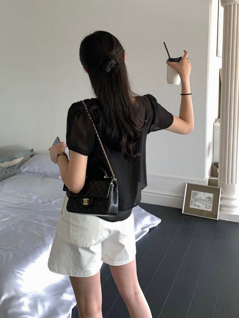 Puff Sleeve Chiffon Blouse + Textured Layered Camisole Set