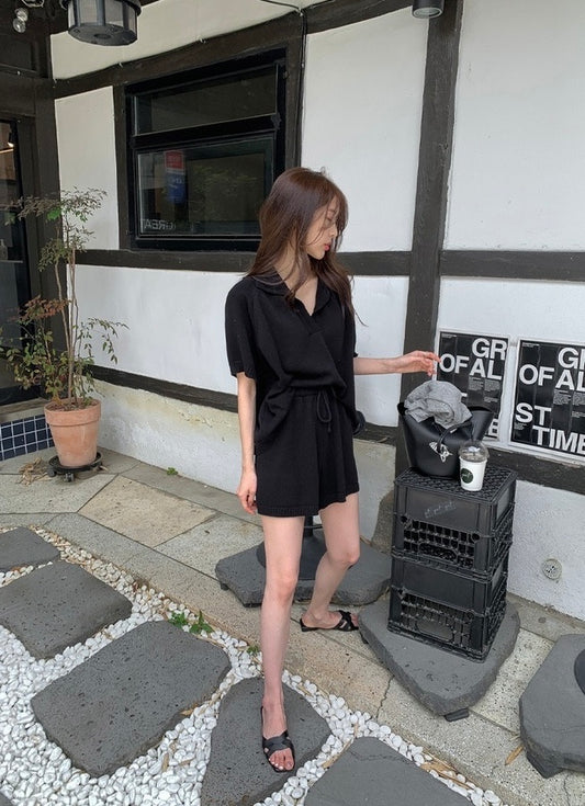 Half-open Lapel Soft Knit Top + Drawstring Wide-leg Shorts Set