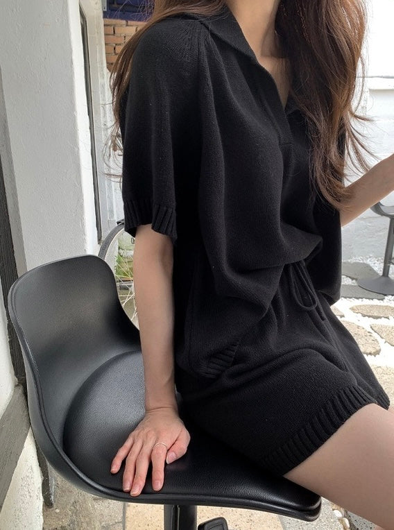 Half-open Lapel Soft Knit Top + Drawstring Wide-leg Shorts Set