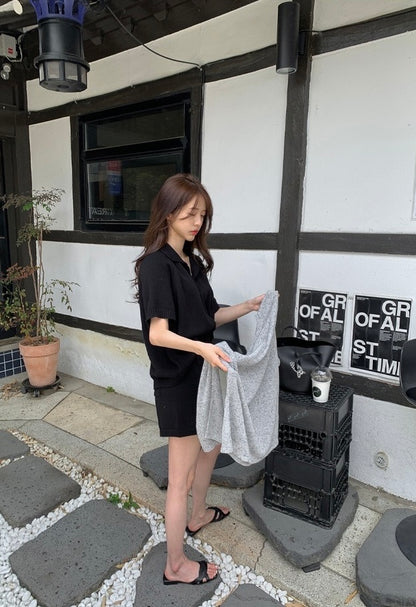 Half-open Lapel Soft Knit Top + Drawstring Wide-leg Shorts Set