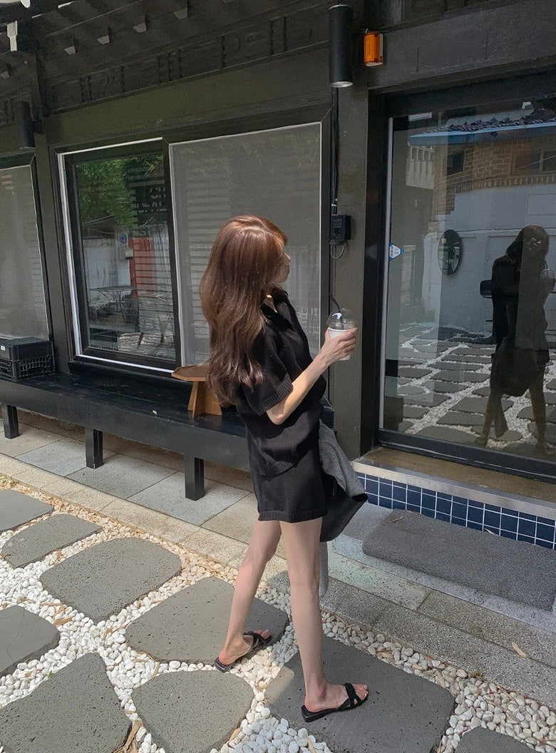 Half-open Lapel Soft Knit Top + Drawstring Wide-leg Shorts Set