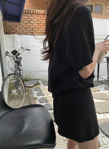 Half-open Lapel Soft Knit Top + Drawstring Wide-leg Shorts Set