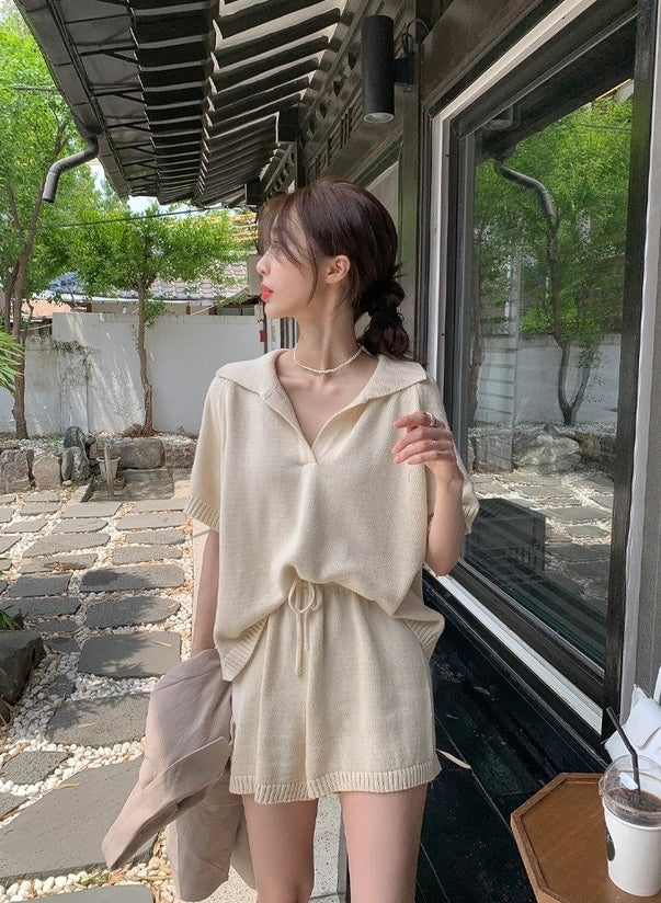 Half-open Lapel Soft Knit Top + Drawstring Wide-leg Shorts Set