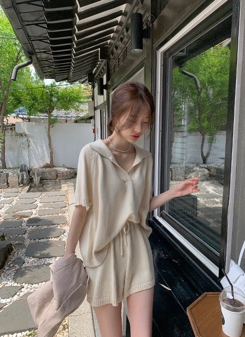 Half-open Lapel Soft Knit Top + Drawstring Wide-leg Shorts Set