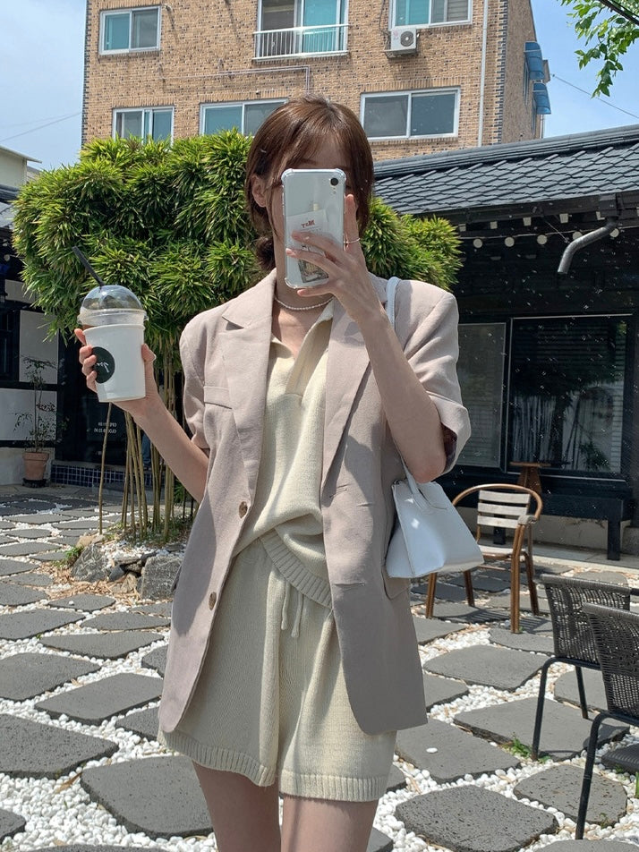 Half-open Lapel Soft Knit Top + Drawstring Wide-leg Shorts Set