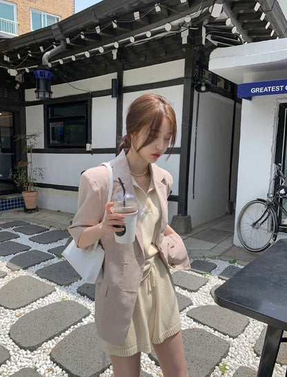 Half-open Lapel Soft Knit Top + Drawstring Wide-leg Shorts Set