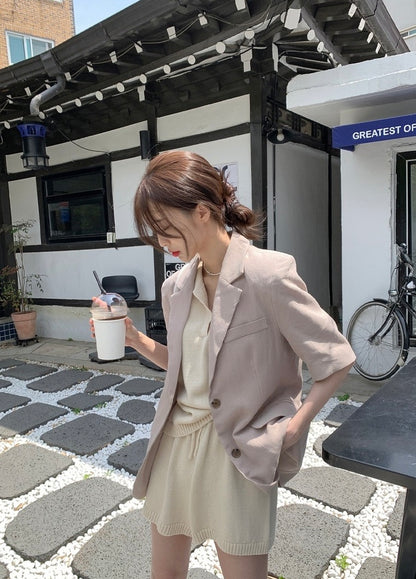 Half-open Lapel Soft Knit Top + Drawstring Wide-leg Shorts Set