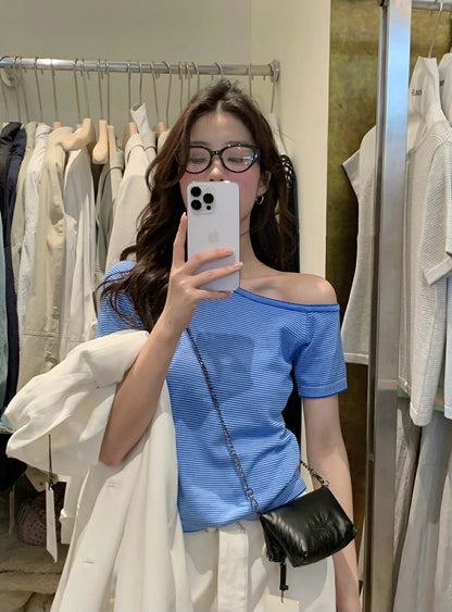 Off-shoulder Striped Knit Top