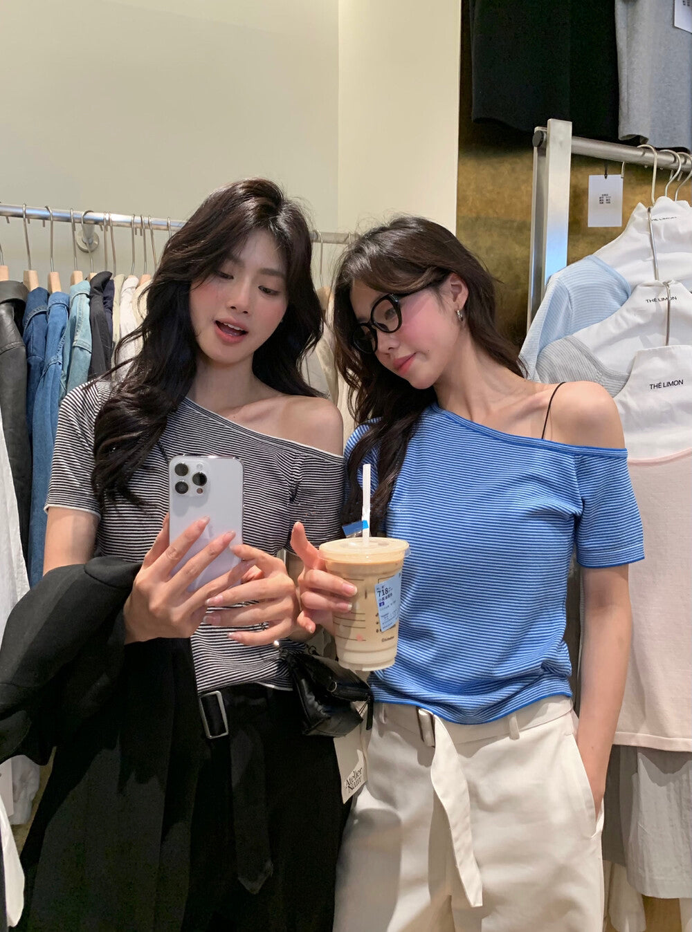 Off-shoulder Striped Knit Top