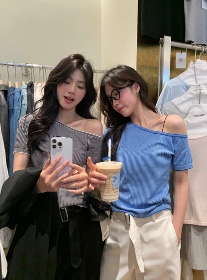 Off-shoulder Striped Knit Top