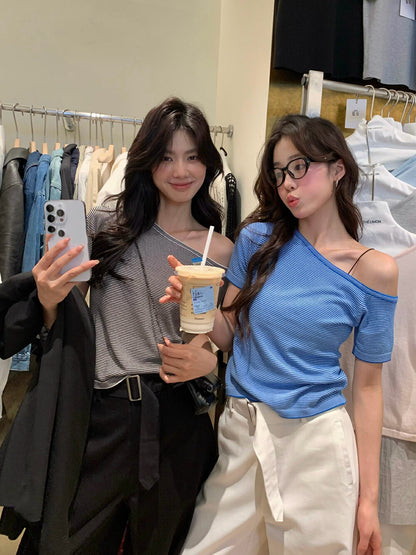 Off-shoulder Striped Knit Top