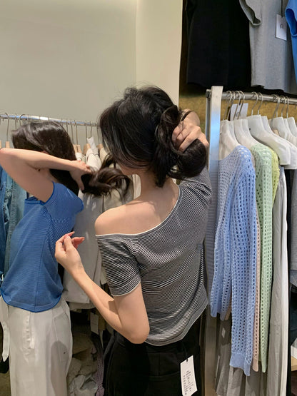 Off-shoulder Striped Knit Top