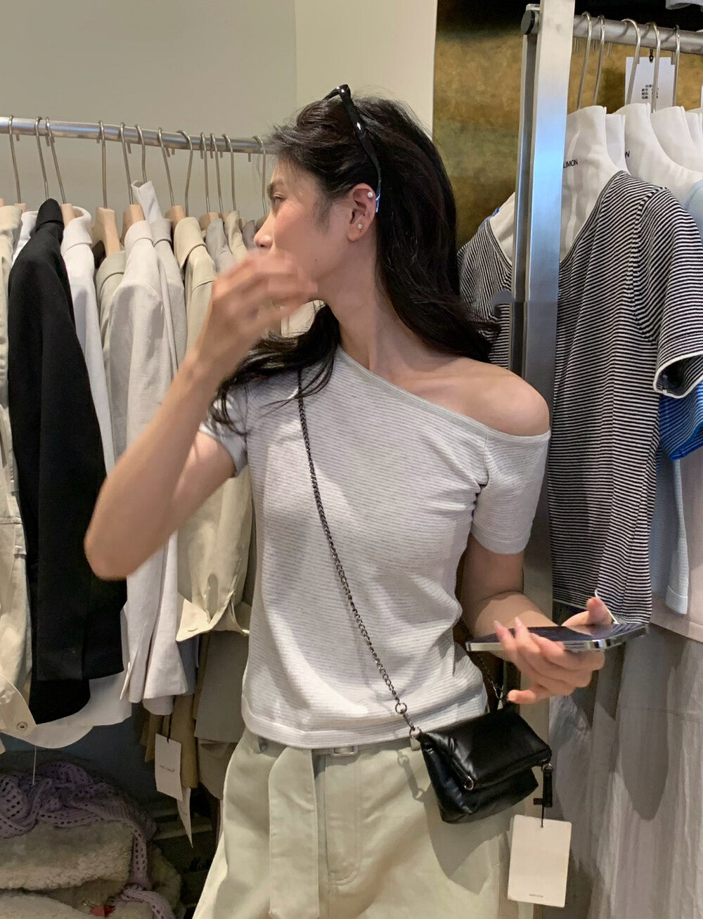 Off-shoulder Striped Knit Top