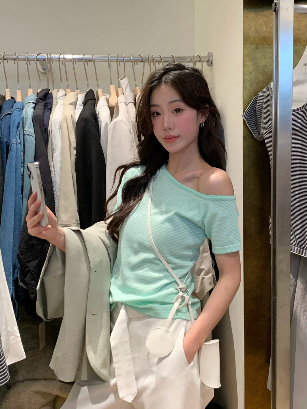 Off-shoulder Striped Knit Top