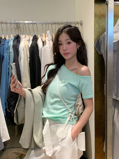 Off-shoulder Striped Knit Top