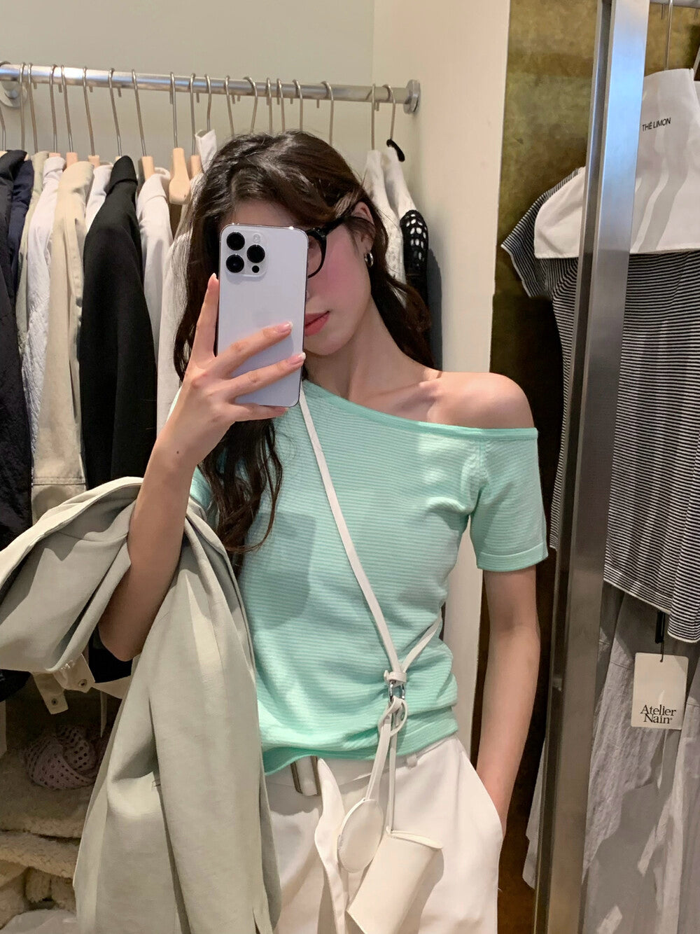 Off-shoulder Striped Knit Top