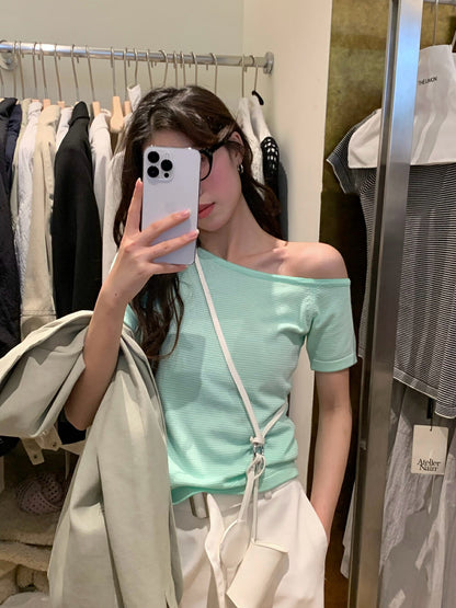 Off-shoulder Striped Knit Top