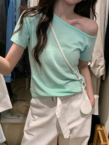 Off-shoulder Striped Knit Top
