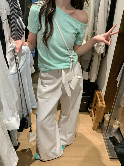 Off-shoulder Striped Knit Top