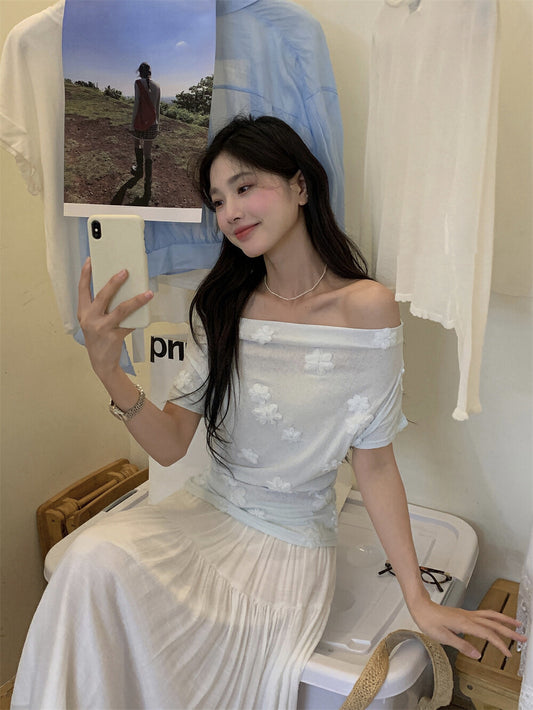 立體花朵刺繡一字肩top