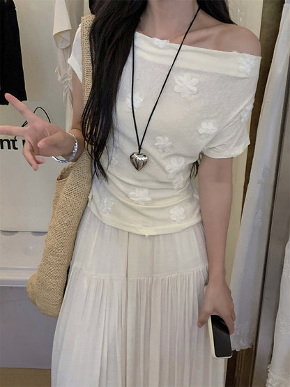 立體花朵刺繡一字肩top