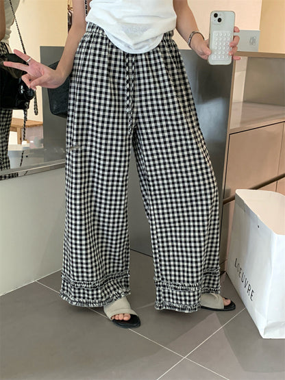 Korean-style ruffle trim wide-leg pants