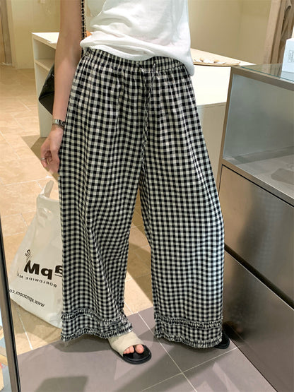 Korean-style ruffle trim wide-leg pants