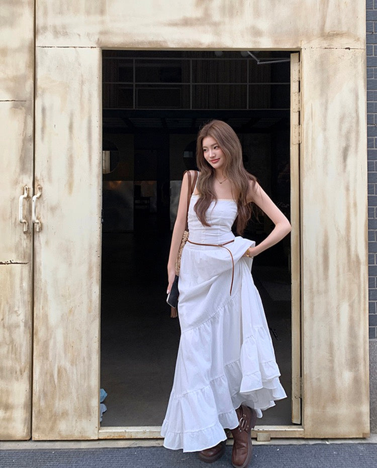 修身大擺吊帶蛋糕裙
