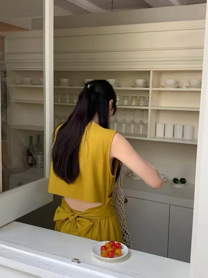 復古交叉綁帶收腰露背連身裙