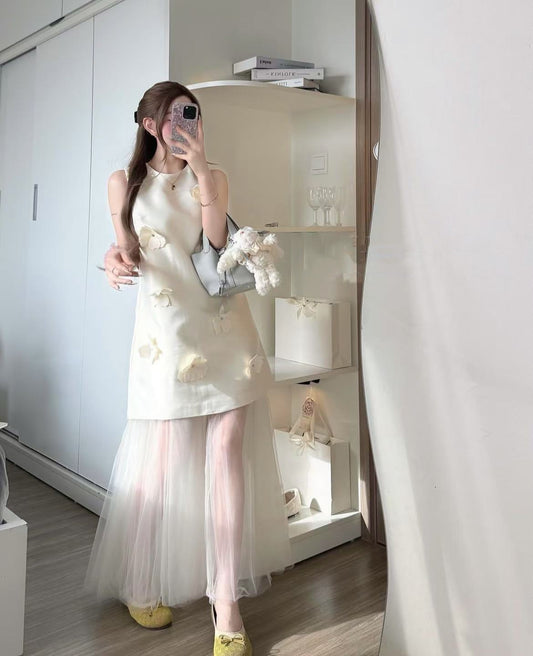 Sweet Little Fragrance Floral Sleeveless Dress + Mesh Skirt