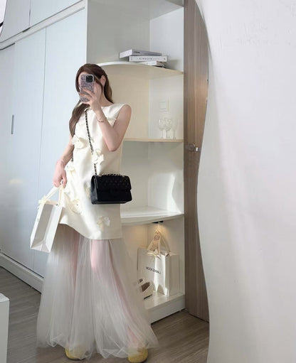 Sweet Little Fragrance Floral Sleeveless Dress + Mesh Skirt
