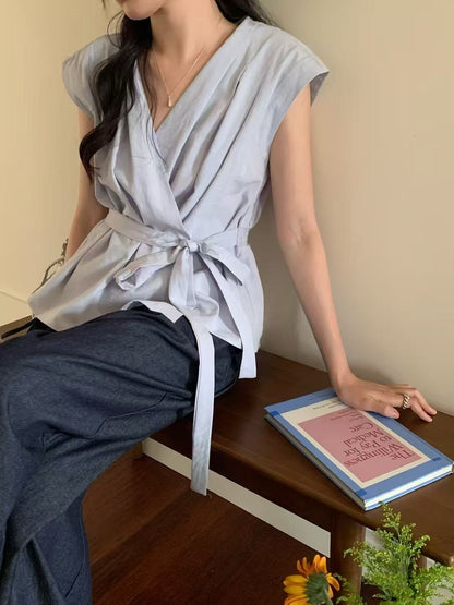 系帶交叉V領收腰百搭恤衫