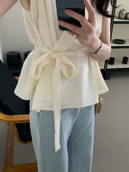 系帶交叉V領收腰百搭恤衫