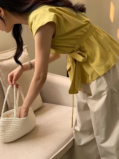 系帶交叉V領收腰百搭恤衫