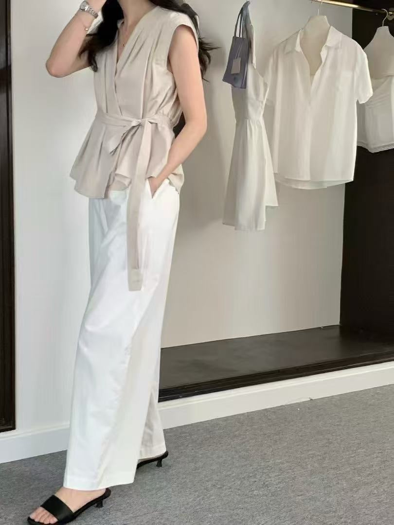 系帶交叉V領收腰百搭恤衫