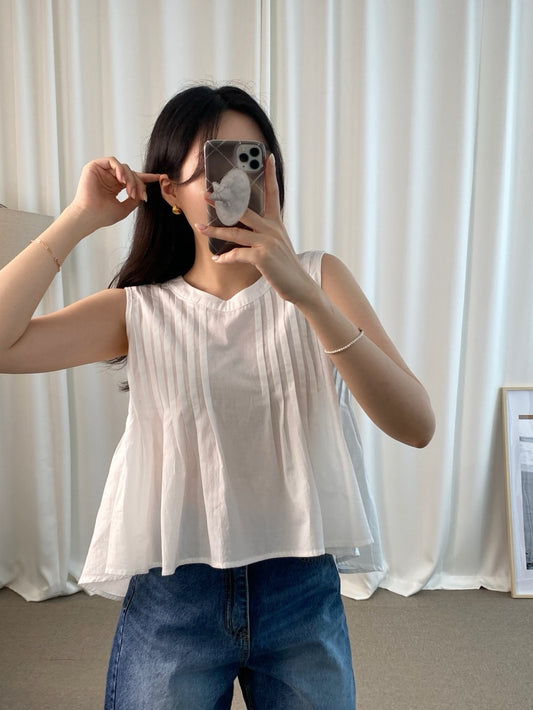 Intricately Pleated Round Neck Sleeveless Top