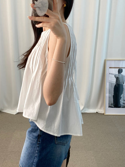 重工壓褶圓領無袖top