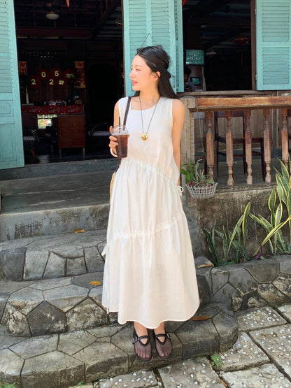 不規則抽繩無袖連身裙