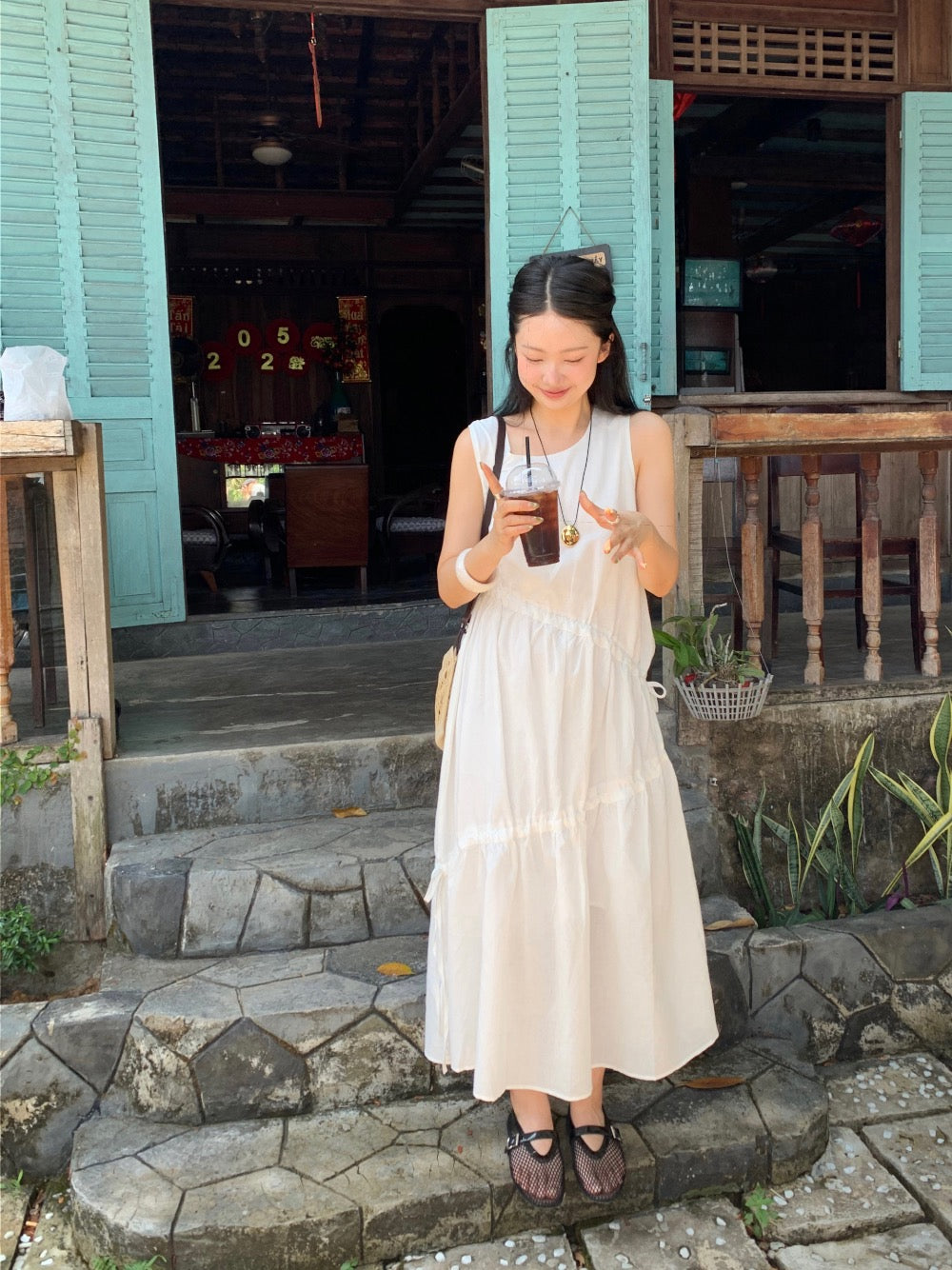 不規則抽繩無袖連身裙