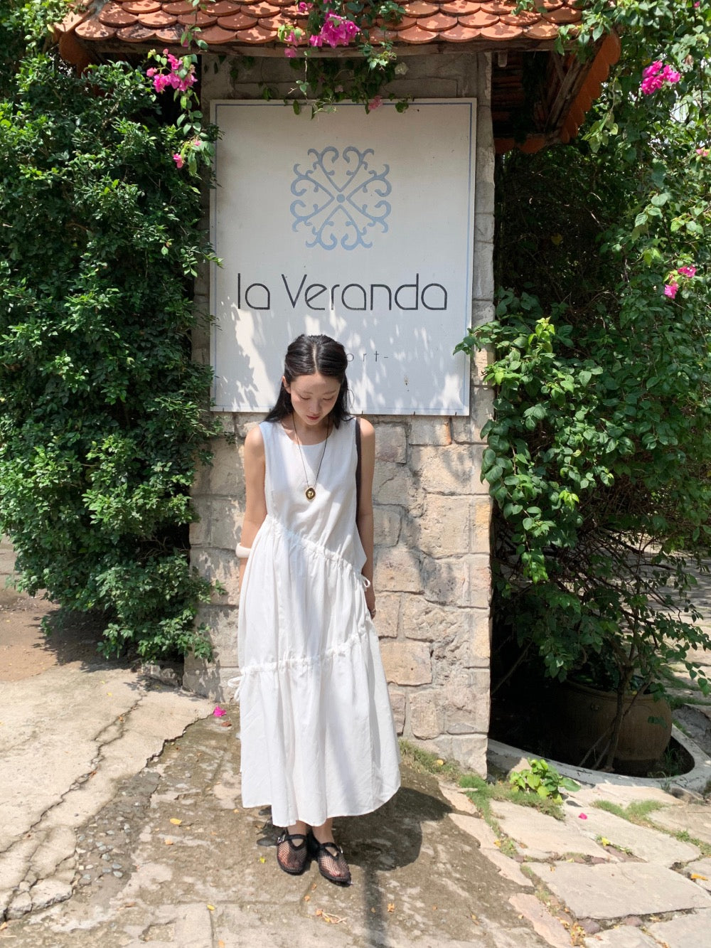 不規則抽繩無袖連身裙