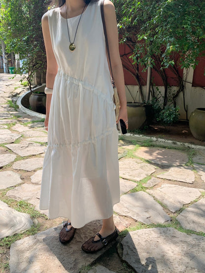 不規則抽繩無袖連身裙
