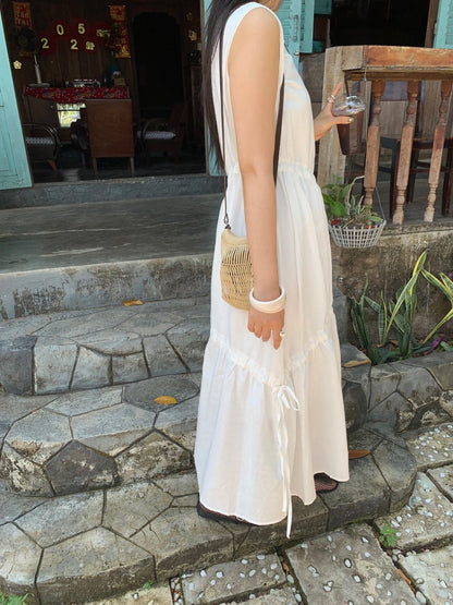 不規則抽繩無袖連身裙
