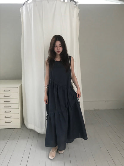 不規則抽繩無袖連身裙