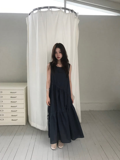不規則抽繩無袖連身裙